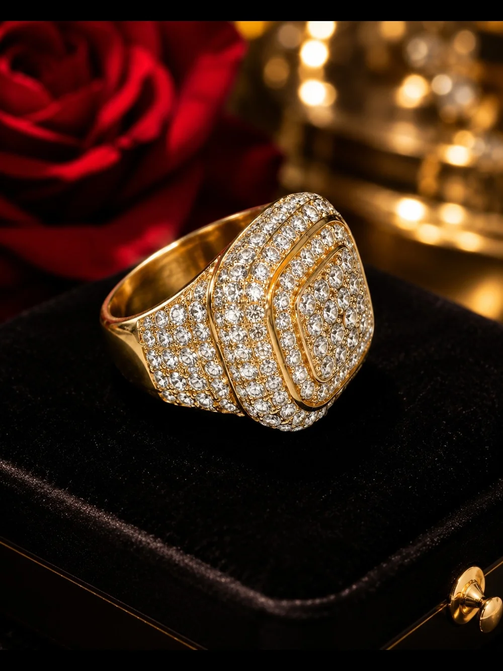 Men’s Gold Tone Rhinestone Iced Out Statement Ring Size 8
